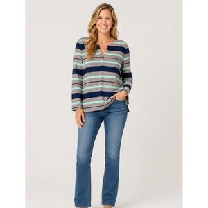 Orvis Shirt Womens Small Blue Gray Preppy Nautical Striped L/S V-Neck Pullover